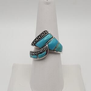 Vintage Art Deco Style 925 Sterling Silver Turquoise Marcasite Ring Size 9